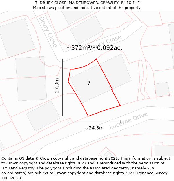 7, DRURY CLOSE, MAIDENBOWER, CRAWLEY, RH10 7HF: Plot and title map