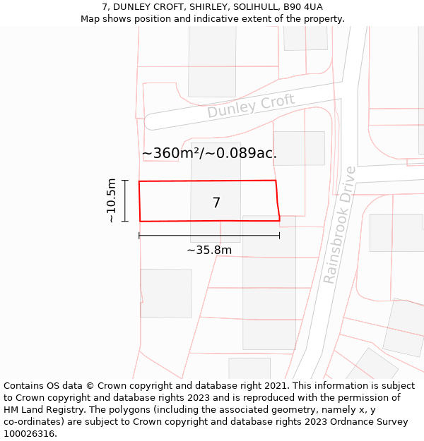 7, DUNLEY CROFT, SHIRLEY, SOLIHULL, B90 4UA: Plot and title map