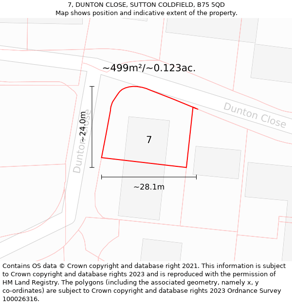 7, DUNTON CLOSE, SUTTON COLDFIELD, B75 5QD: Plot and title map