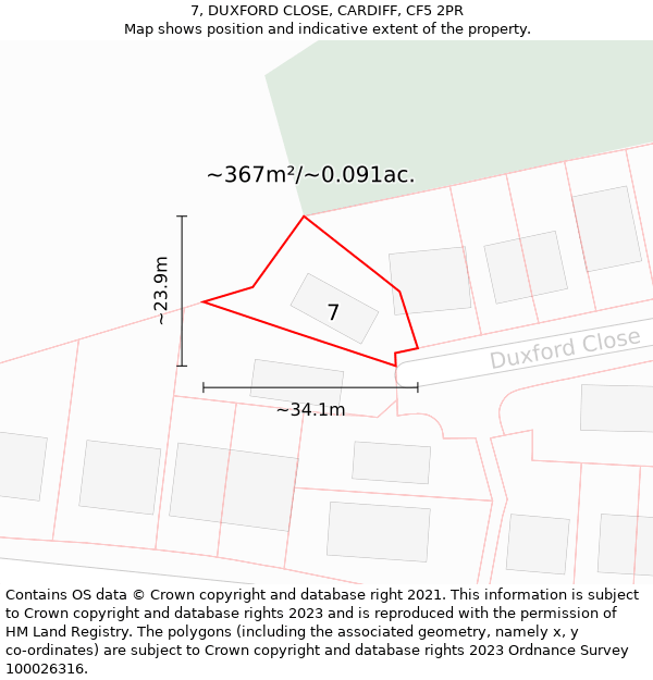 7, DUXFORD CLOSE, CARDIFF, CF5 2PR: Plot and title map