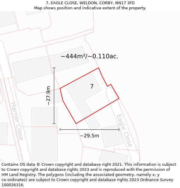 7, EAGLE CLOSE, WELDON, CORBY, NN17 3FD: Plot and title map