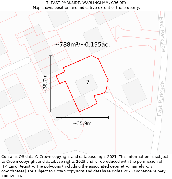 7, EAST PARKSIDE, WARLINGHAM, CR6 9PY: Plot and title map