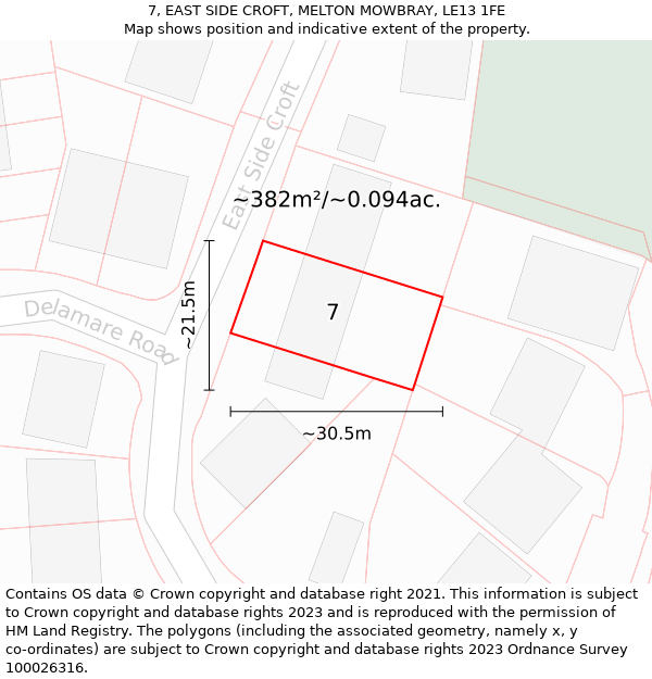 7, EAST SIDE CROFT, MELTON MOWBRAY, LE13 1FE: Plot and title map