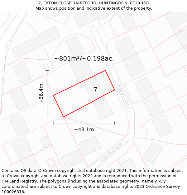 7, EATON CLOSE, HARTFORD, HUNTINGDON, PE29 1SR: Plot and title map