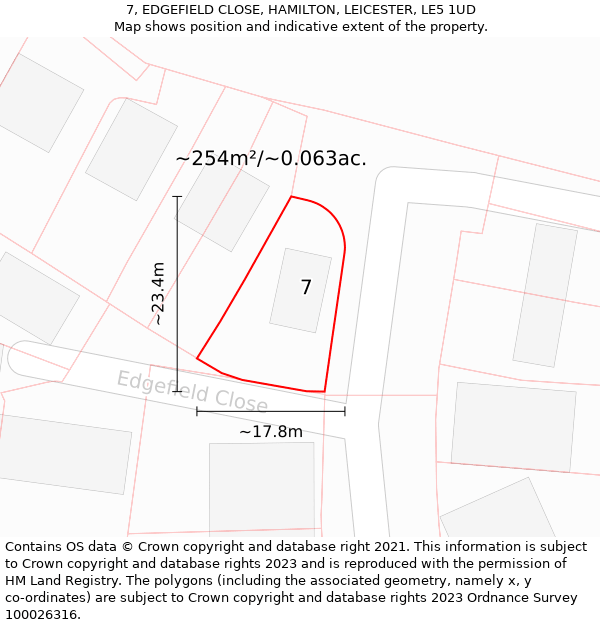 7, EDGEFIELD CLOSE, HAMILTON, LEICESTER, LE5 1UD: Plot and title map