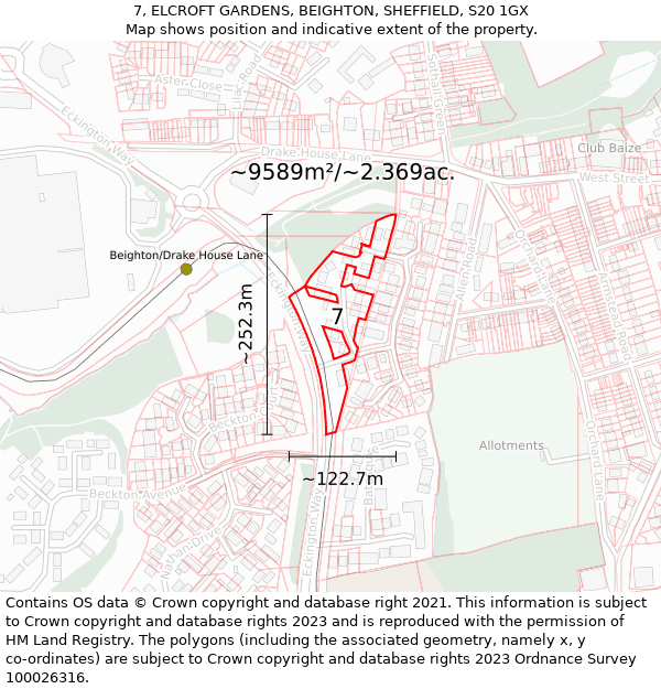 7, ELCROFT GARDENS, BEIGHTON, SHEFFIELD, S20 1GX: Plot and title map