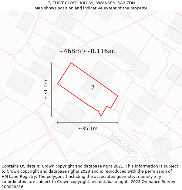 7, ELIOT CLOSE, KILLAY, SWANSEA, SA2 7DN: Plot and title map