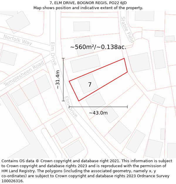 7, ELM DRIVE, BOGNOR REGIS, PO22 6JD: Plot and title map