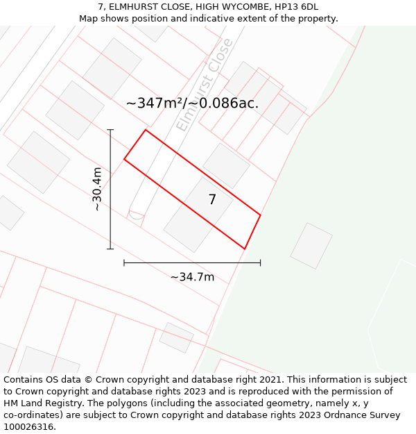 7, ELMHURST CLOSE, HIGH WYCOMBE, HP13 6DL: Plot and title map