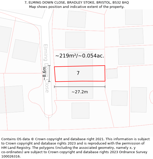 7, ELMING DOWN CLOSE, BRADLEY STOKE, BRISTOL, BS32 8AQ: Plot and title map