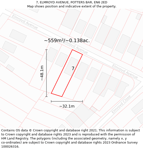 7, ELMROYD AVENUE, POTTERS BAR, EN6 2ED: Plot and title map