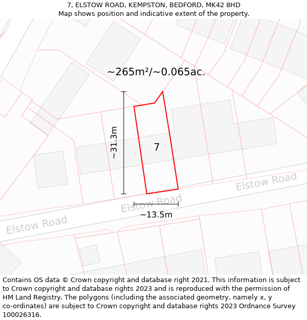 7, ELSTOW ROAD, KEMPSTON, BEDFORD, MK42 8HD: Plot and title map