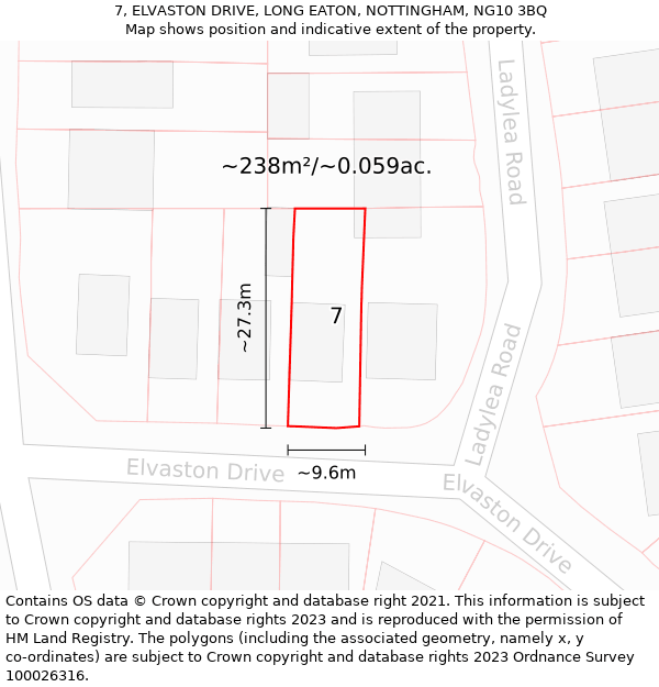 7, ELVASTON DRIVE, LONG EATON, NOTTINGHAM, NG10 3BQ: Plot and title map