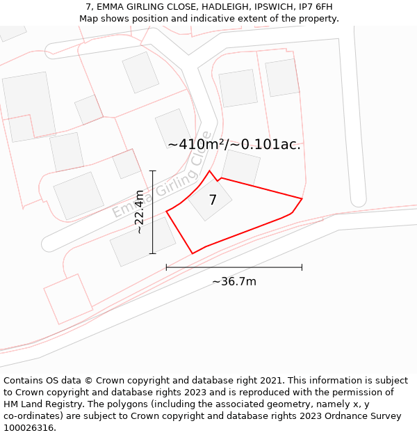 7, EMMA GIRLING CLOSE, HADLEIGH, IPSWICH, IP7 6FH: Plot and title map