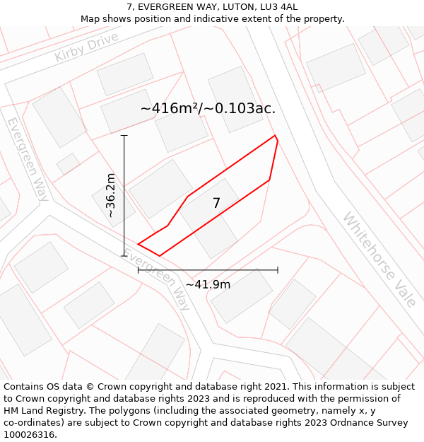 7, EVERGREEN WAY, LUTON, LU3 4AL: Plot and title map