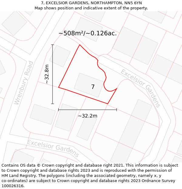 7, EXCELSIOR GARDENS, NORTHAMPTON, NN5 6YN: Plot and title map