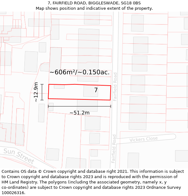 7, FAIRFIELD ROAD, BIGGLESWADE, SG18 0BS: Plot and title map