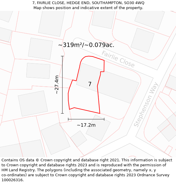 7, FAIRLIE CLOSE, HEDGE END, SOUTHAMPTON, SO30 4WQ: Plot and title map