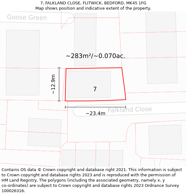 7, FALKLAND CLOSE, FLITWICK, BEDFORD, MK45 1FG: Plot and title map