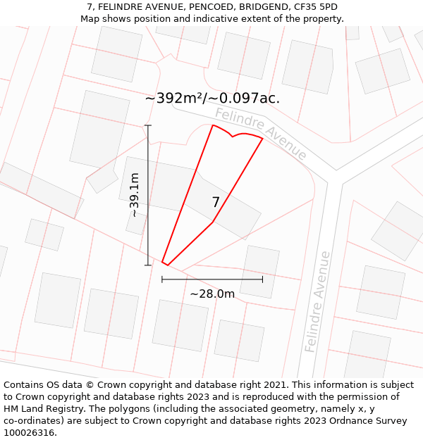 7, FELINDRE AVENUE, PENCOED, BRIDGEND, CF35 5PD: Plot and title map