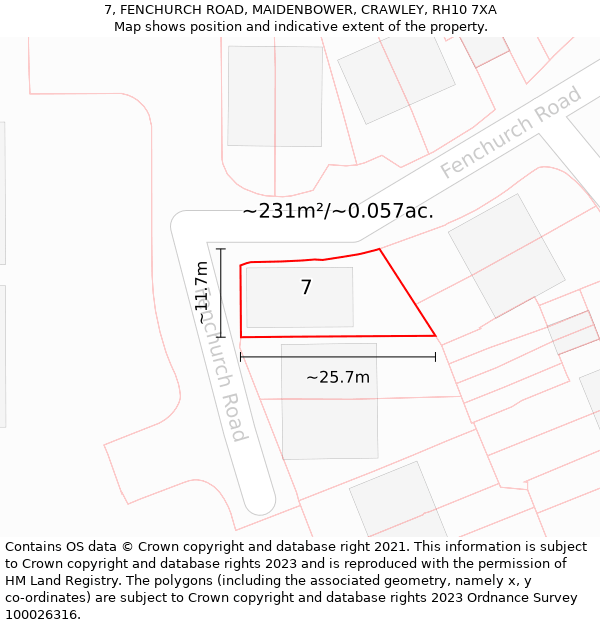 7, FENCHURCH ROAD, MAIDENBOWER, CRAWLEY, RH10 7XA: Plot and title map