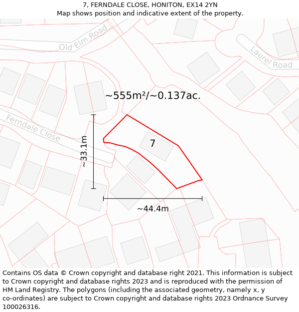 7, FERNDALE CLOSE, HONITON, EX14 2YN: Plot and title map