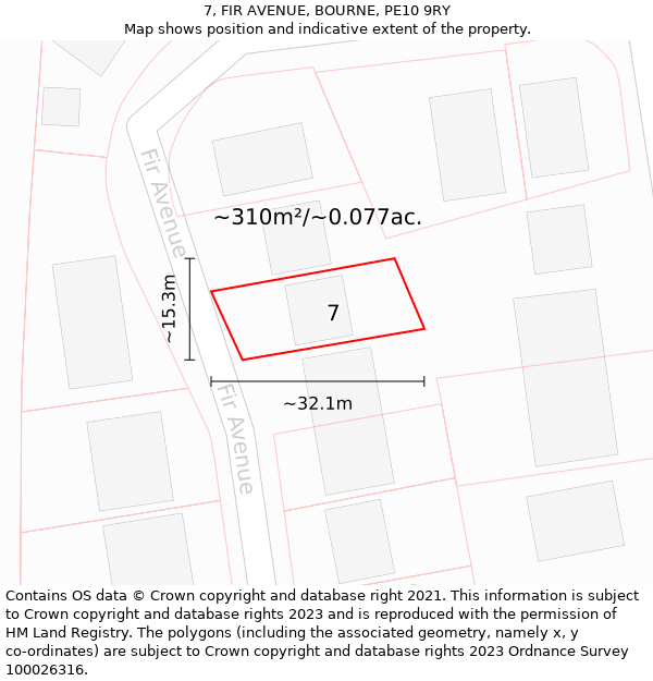 7, FIR AVENUE, BOURNE, PE10 9RY: Plot and title map