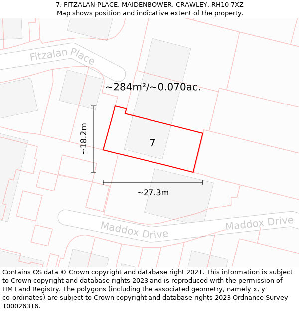 7, FITZALAN PLACE, MAIDENBOWER, CRAWLEY, RH10 7XZ: Plot and title map