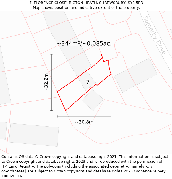 7, FLORENCE CLOSE, BICTON HEATH, SHREWSBURY, SY3 5PD: Plot and title map