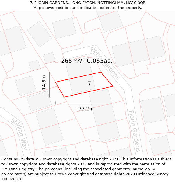 7, FLORIN GARDENS, LONG EATON, NOTTINGHAM, NG10 3QR: Plot and title map