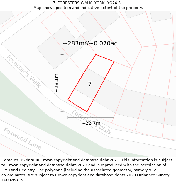 7, FORESTERS WALK, YORK, YO24 3LJ: Plot and title map