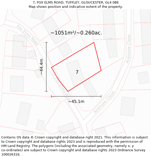 7, FOX ELMS ROAD, TUFFLEY, GLOUCESTER, GL4 0BE: Plot and title map
