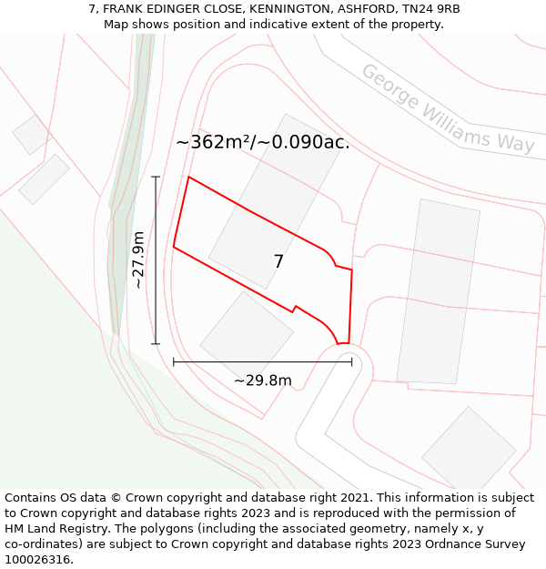 7, FRANK EDINGER CLOSE, KENNINGTON, ASHFORD, TN24 9RB: Plot and title map