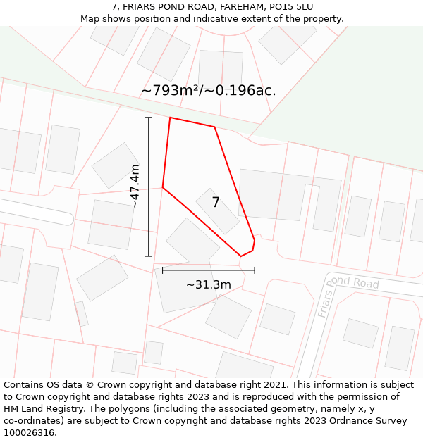 7, FRIARS POND ROAD, FAREHAM, PO15 5LU: Plot and title map