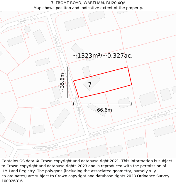 7, FROME ROAD, WAREHAM, BH20 4QA: Plot and title map