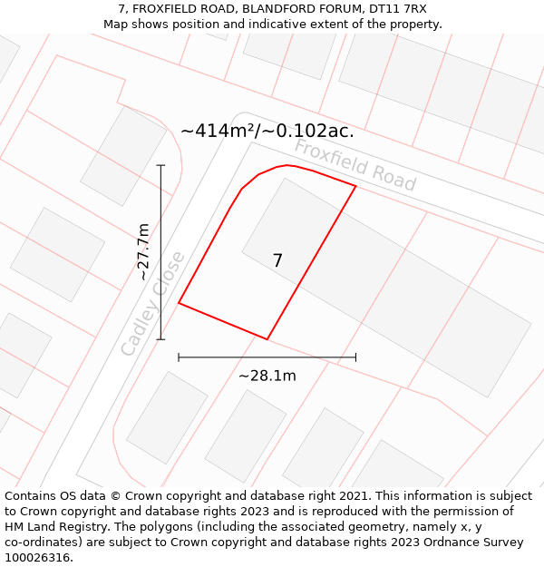 7, FROXFIELD ROAD, BLANDFORD FORUM, DT11 7RX: Plot and title map