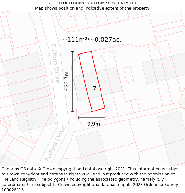 7, FULFORD DRIVE, CULLOMPTON, EX15 1RP: Plot and title map