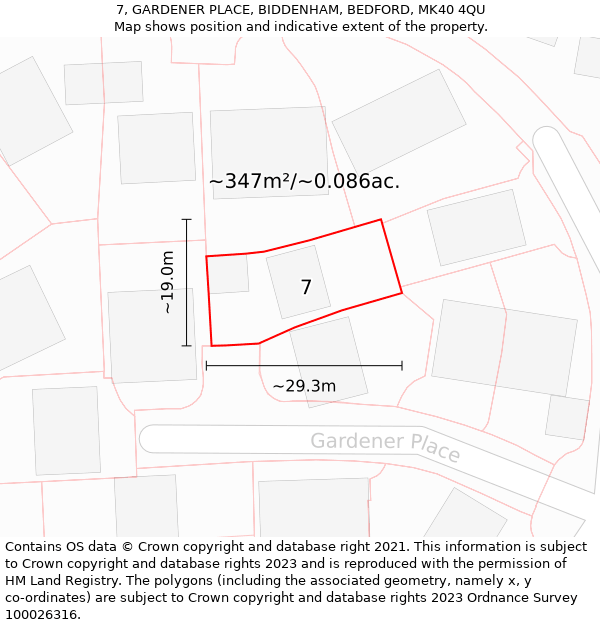 7, GARDENER PLACE, BIDDENHAM, BEDFORD, MK40 4QU: Plot and title map