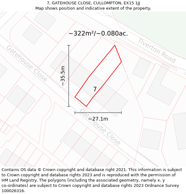 7, GATEHOUSE CLOSE, CULLOMPTON, EX15 1JJ: Plot and title map