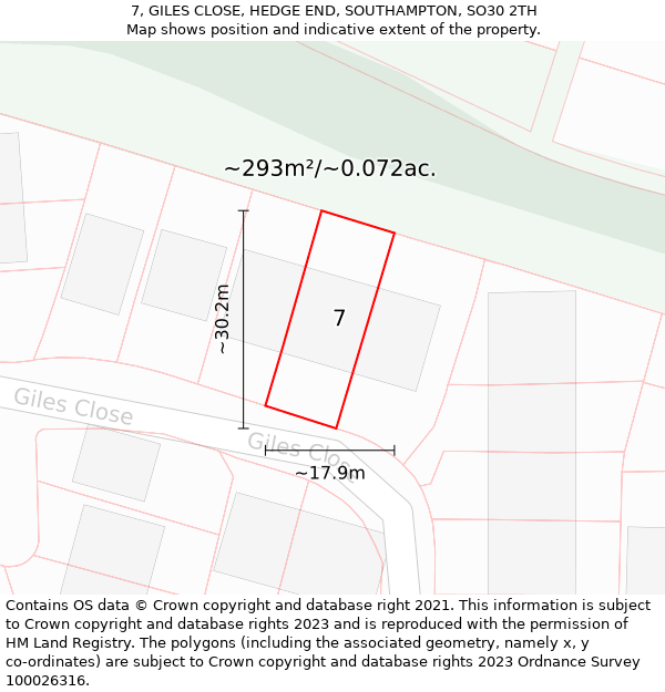 7, GILES CLOSE, HEDGE END, SOUTHAMPTON, SO30 2TH: Plot and title map