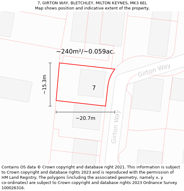 7, GIRTON WAY, BLETCHLEY, MILTON KEYNES, MK3 6EL: Plot and title map