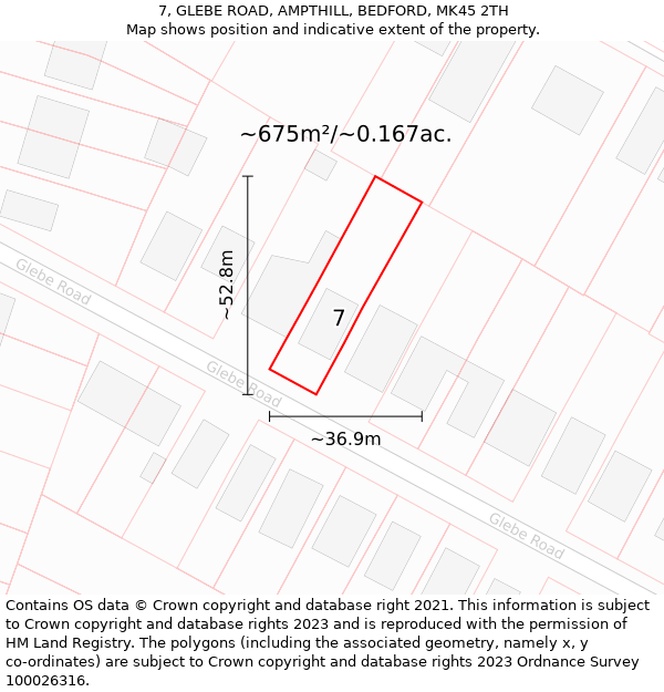 7, GLEBE ROAD, AMPTHILL, BEDFORD, MK45 2TH: Plot and title map