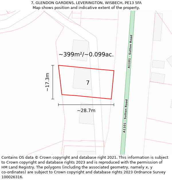 7, GLENDON GARDENS, LEVERINGTON, WISBECH, PE13 5FA: Plot and title map