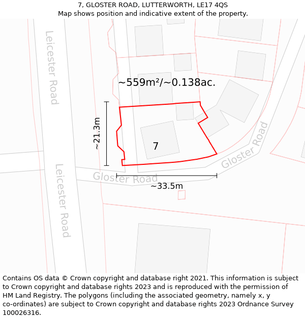 7, GLOSTER ROAD, LUTTERWORTH, LE17 4QS: Plot and title map