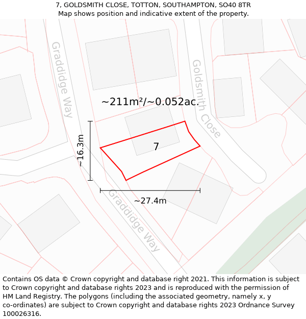 7, GOLDSMITH CLOSE, TOTTON, SOUTHAMPTON, SO40 8TR: Plot and title map