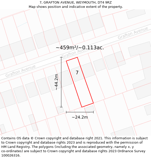 7, GRAFTON AVENUE, WEYMOUTH, DT4 9RZ: Plot and title map