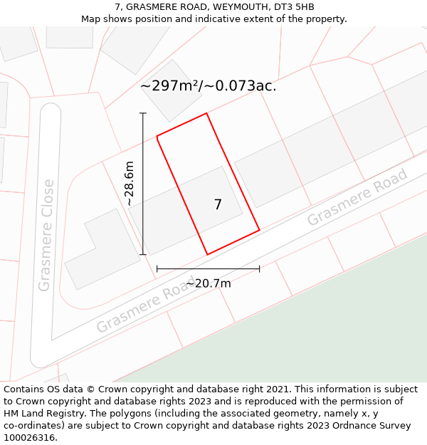 7, GRASMERE ROAD, WEYMOUTH, DT3 5HB: Plot and title map