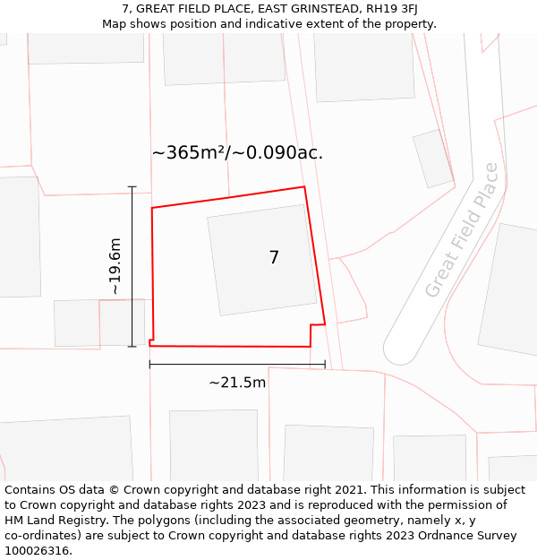 7, GREAT FIELD PLACE, EAST GRINSTEAD, RH19 3FJ: Plot and title map