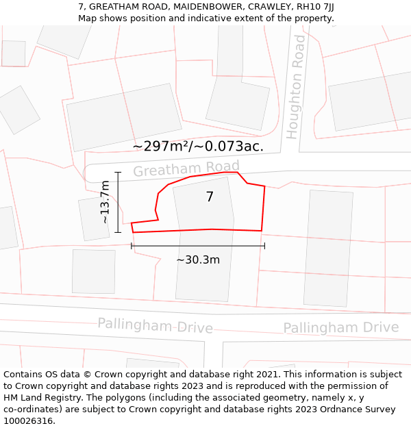 7, GREATHAM ROAD, MAIDENBOWER, CRAWLEY, RH10 7JJ: Plot and title map