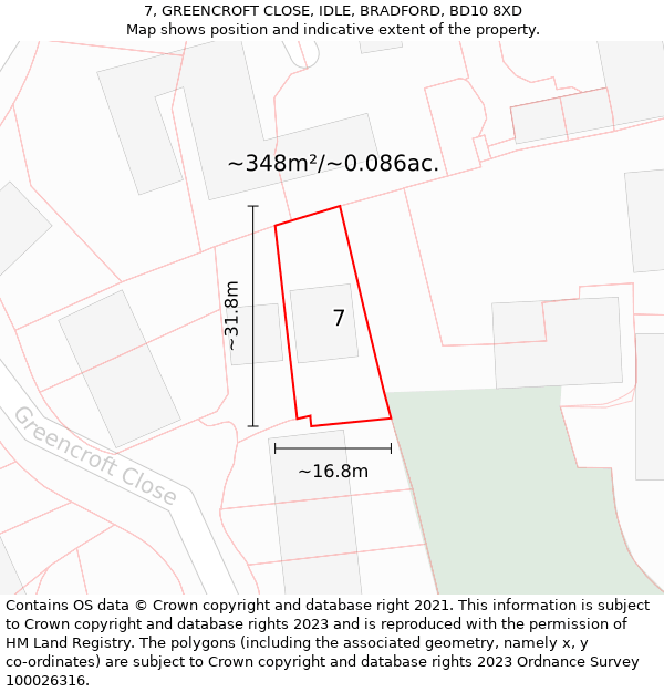 7, GREENCROFT CLOSE, IDLE, BRADFORD, BD10 8XD: Plot and title map